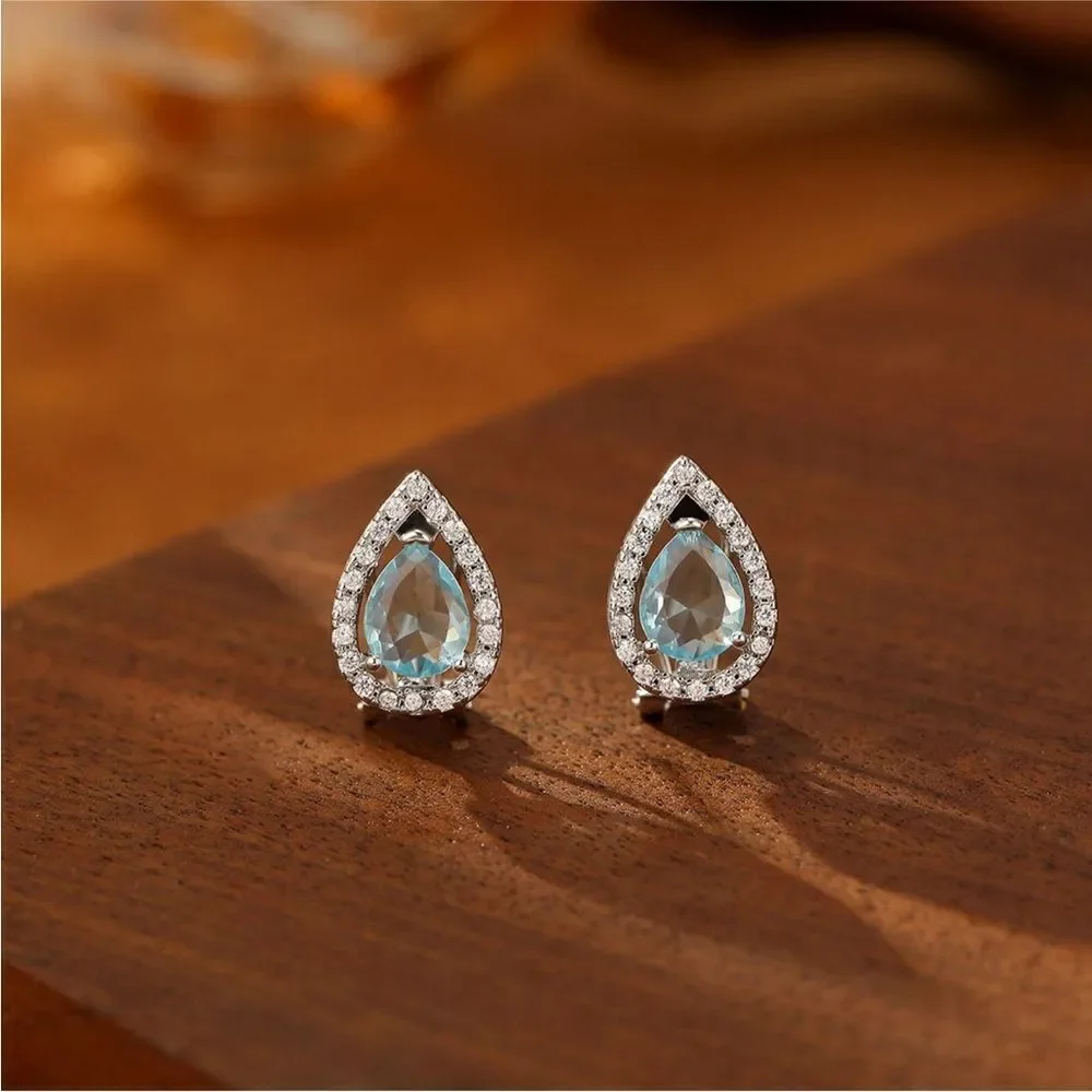Blue Topaz Tear Drop hinge closure silver earrings